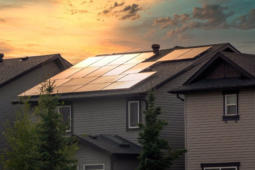 Sunset behind a home with solar panels in California.