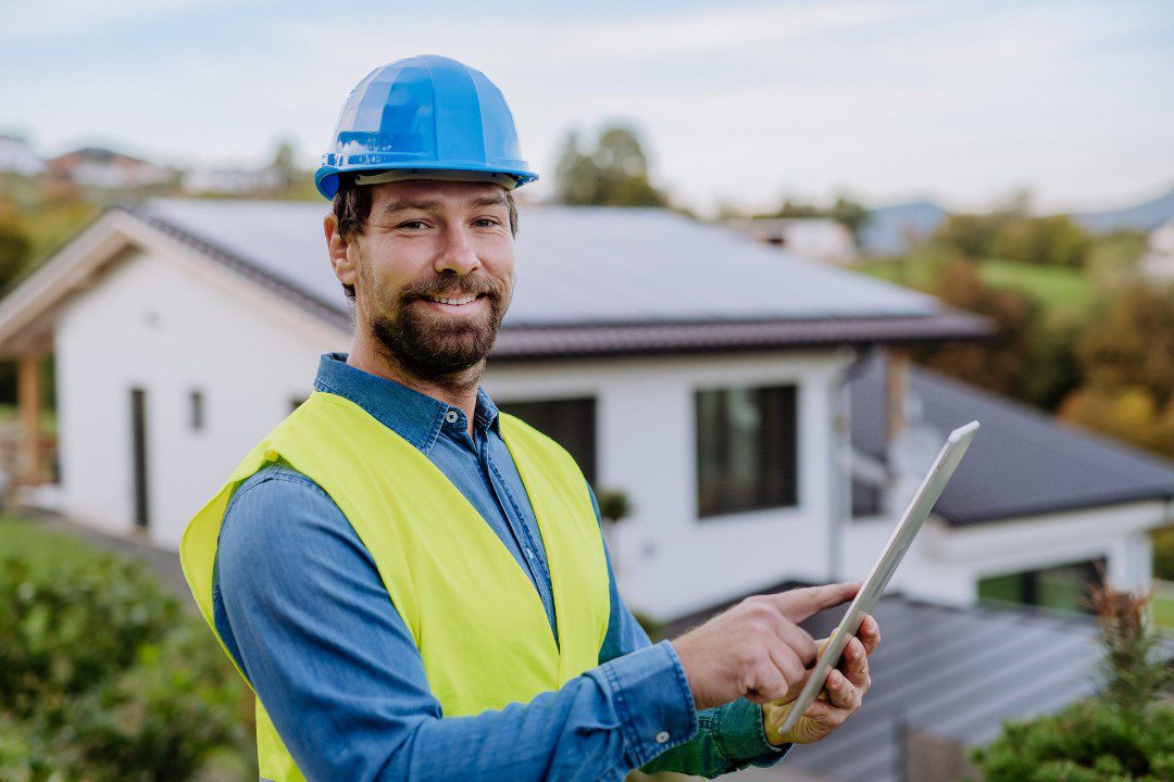 Technician inspecting roof with solar system during a home sale